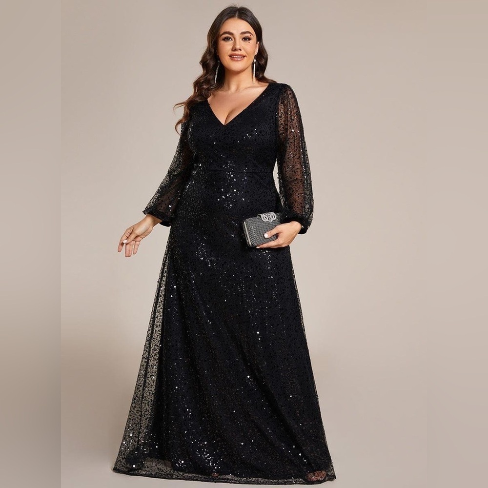 🆕 Plus Size V-Neck Lantern Long Sleeve Sequin A-Line Evening Dress